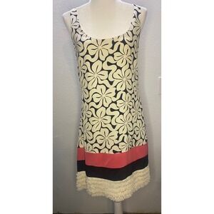 Christopher Deane‎ Silk Shift Dress Women 8 Cream Black Floral Ruffle